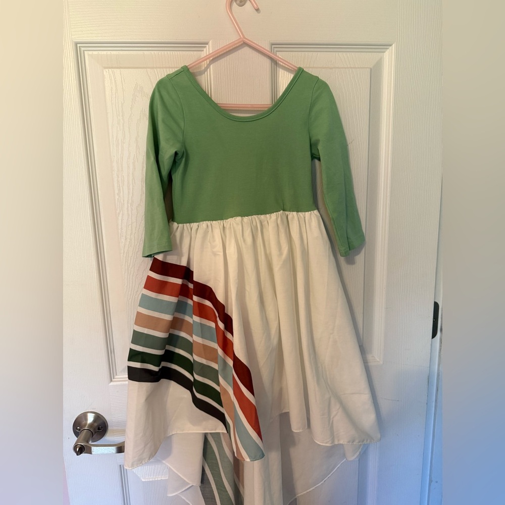 Oopsie Daisy Green and White Kids Hi-Low Dress with Striped Accent